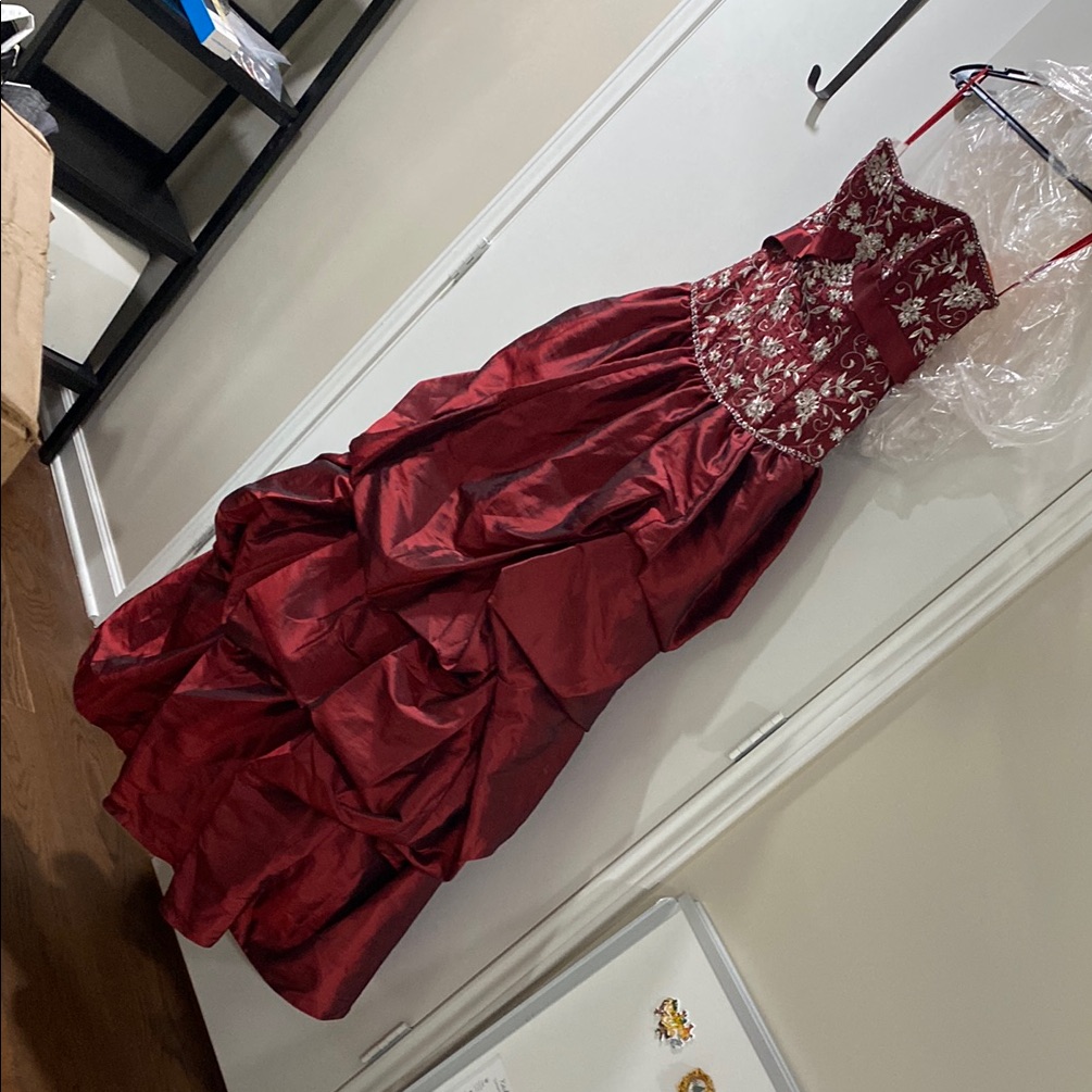 Nwt Y2k Beaded Red Strapless Corset Gown With Floral Embroidery